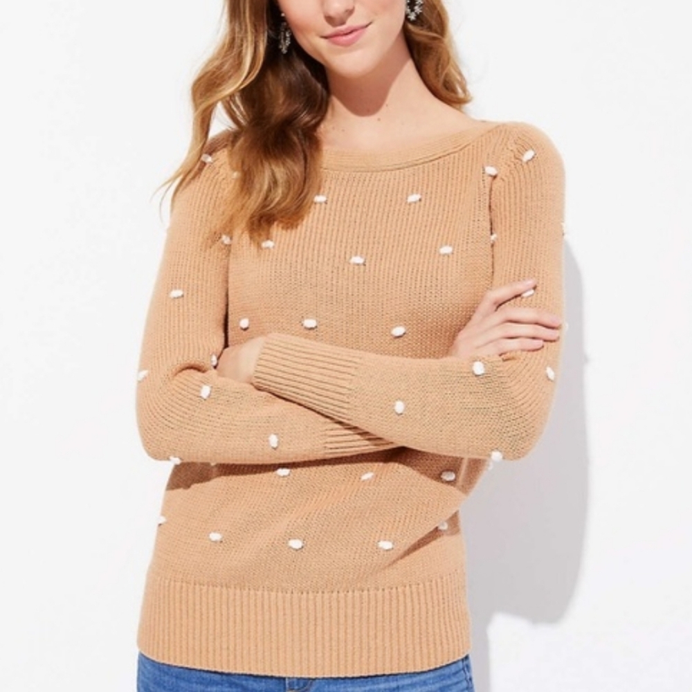 Women's LOFT Tan White Pom Pom Ballet Neck Sweater XS